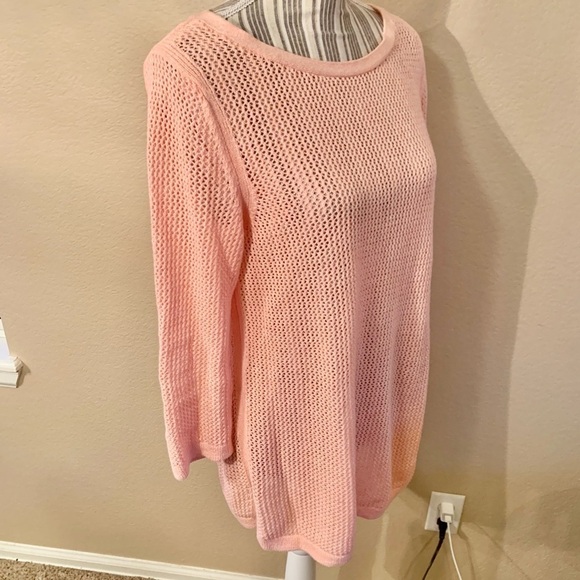 Talbots Sweater Small Coral Knit Crochet design Long BoatNeck 3/4 Sleeve Slits - Picture 5 of 16